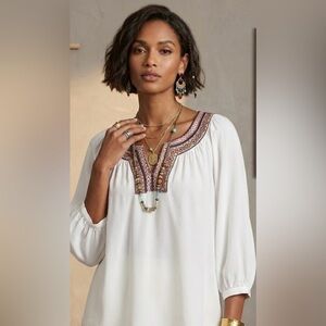 White Bohemian Embroidered V-Neck Peasant Blouse Sz 8